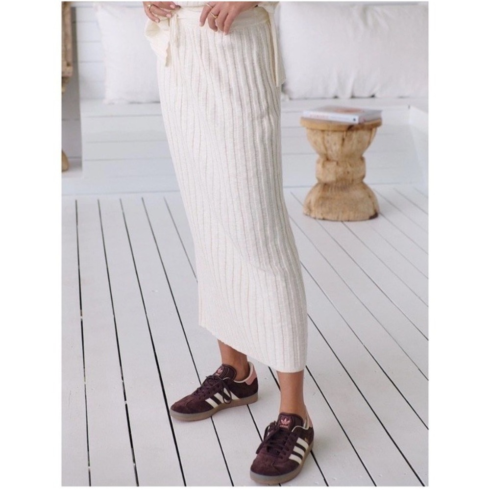 Free People FP Beach Cotton Linen Ribbed Knit Veda Midi Skirt Ivory Size M EUC